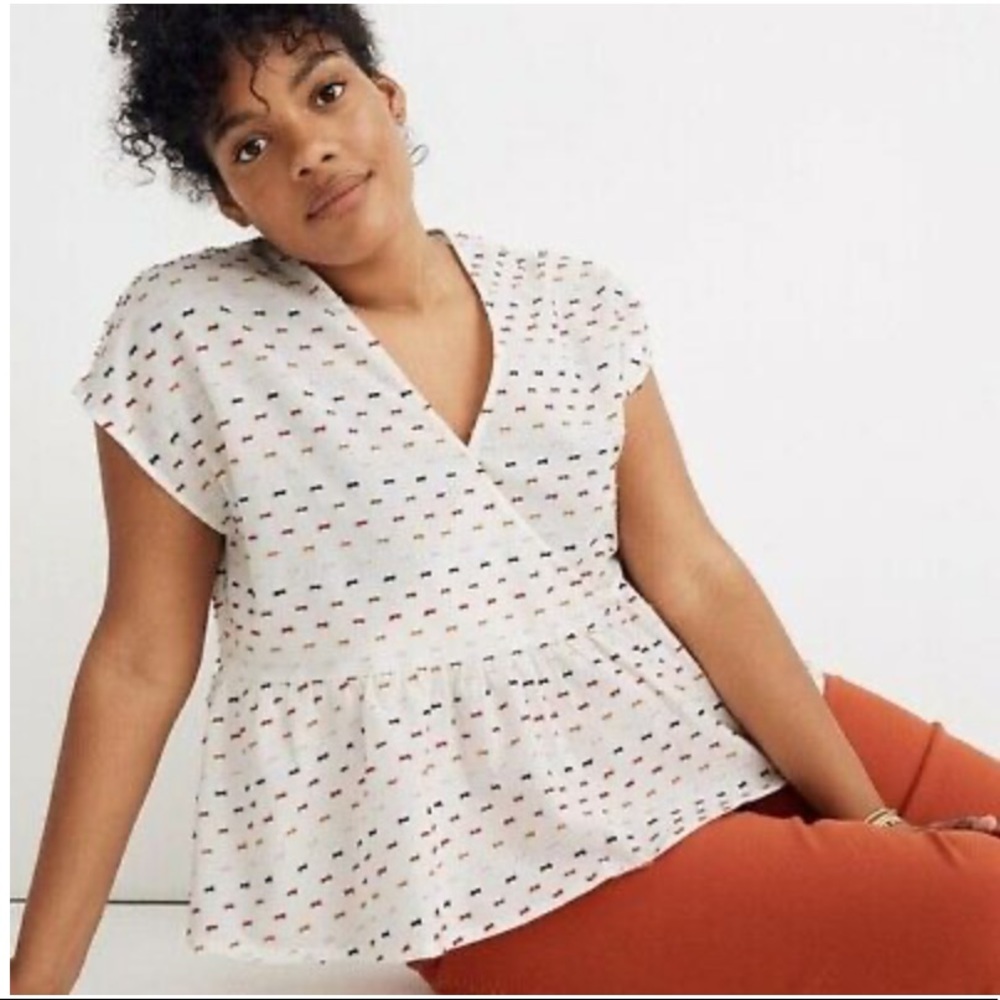 Madewell Peplum Crossover Top in Beige/Rainbow dot